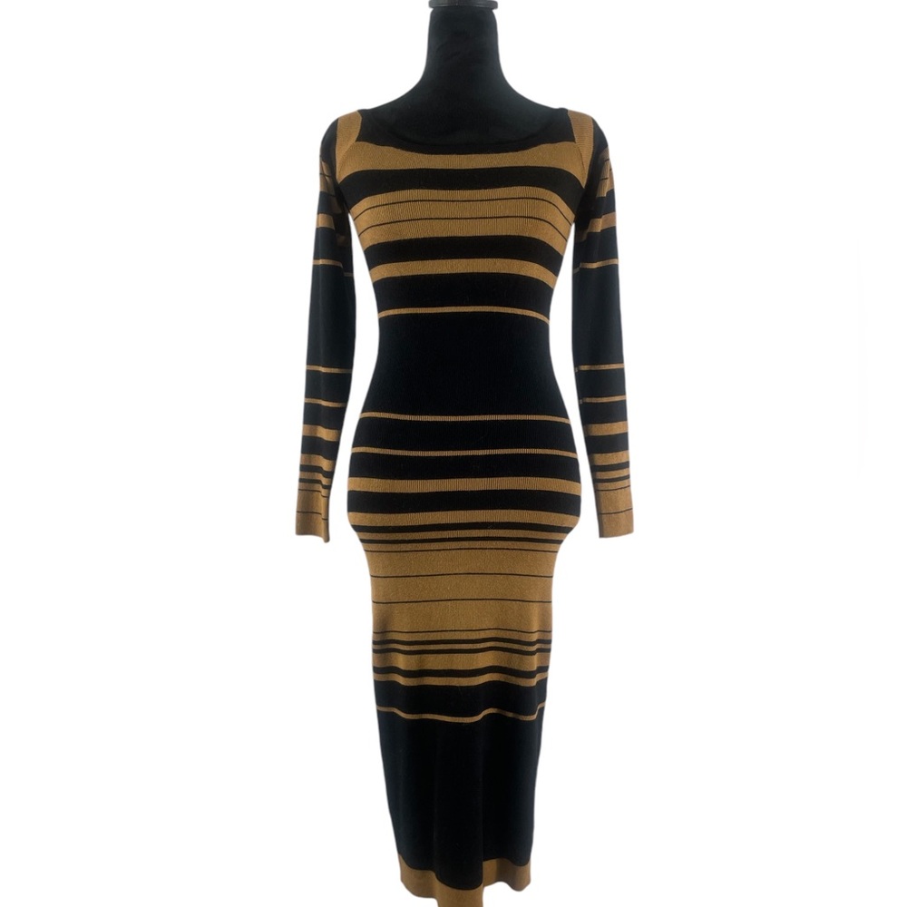 Stripped sweater dress,black,tan brown,long sleeve, Large - Picture 4 of 6